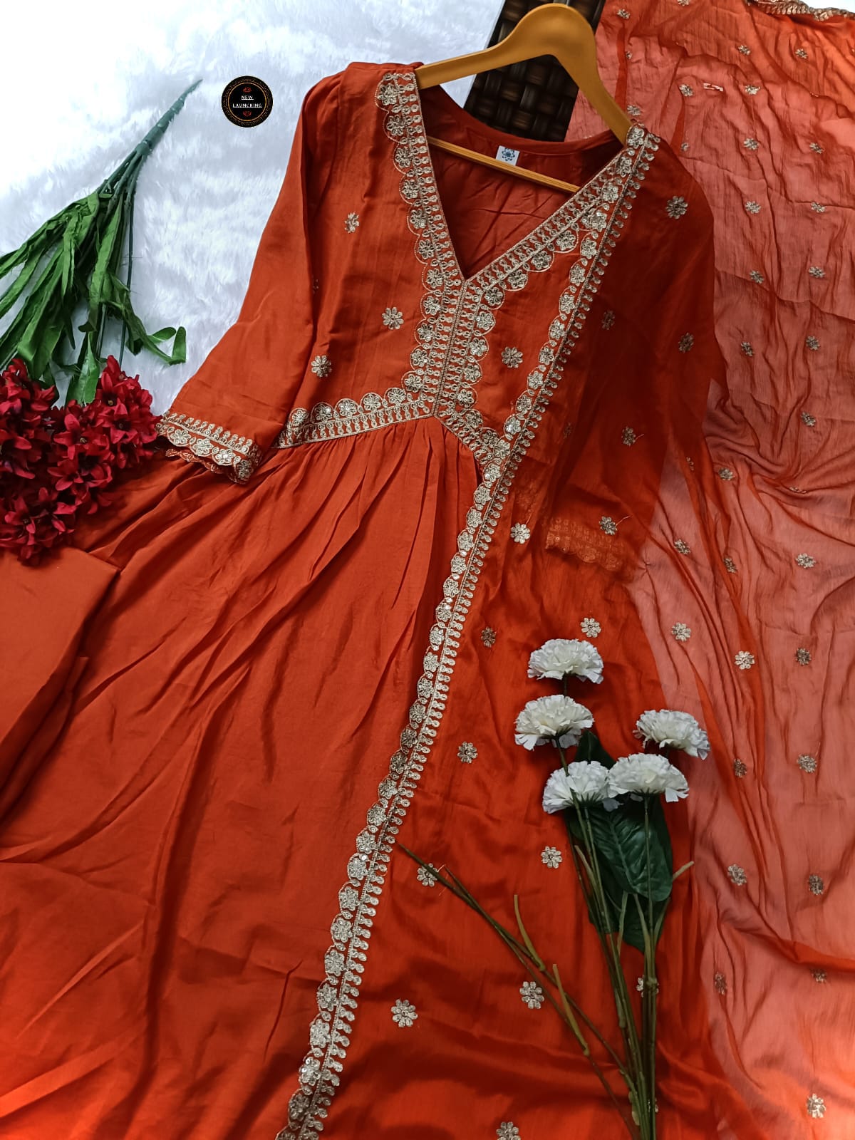 CHANDERI ORANGE ANARKALI SET