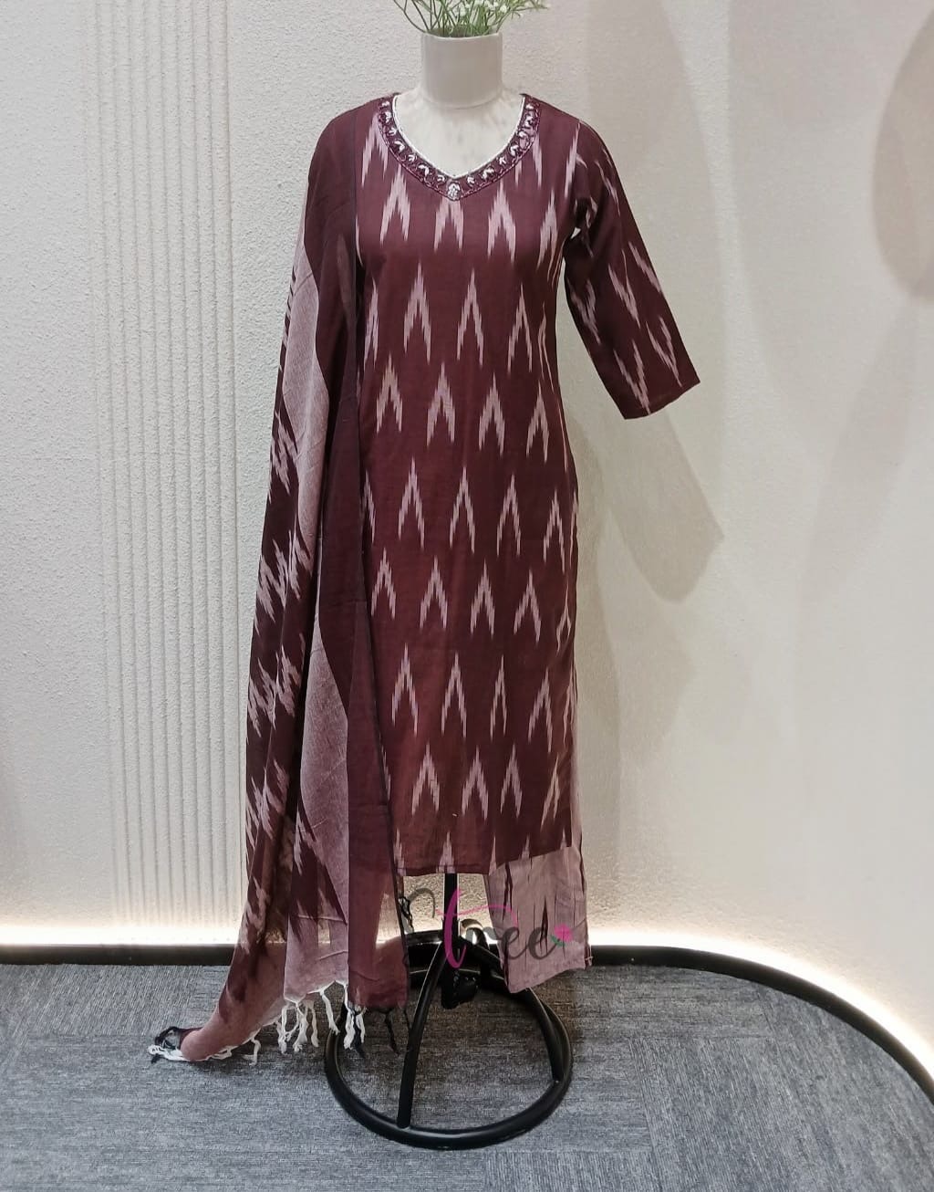 BROWN COLOUR IKKAT 3 PIECE SUIT