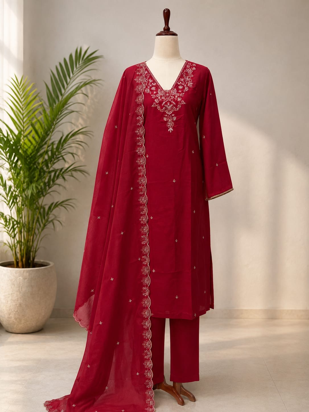 RED COLOUR VICHITRA SILK 3 PIECE SUIT