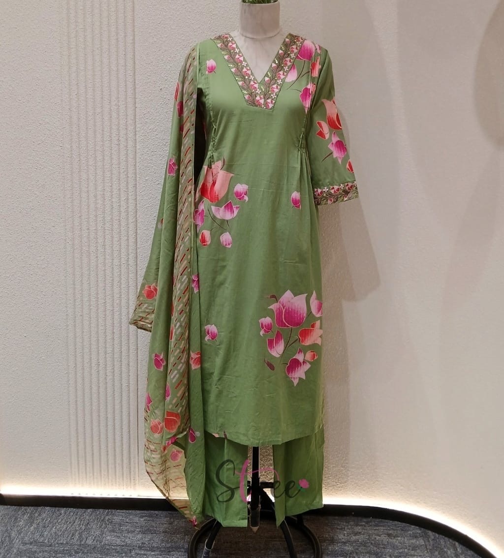 GREEN COLOUR MULCOTTON 3PIECE SUIT