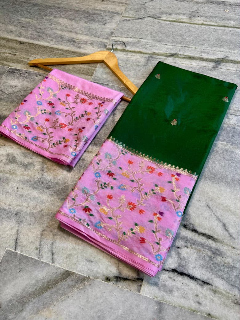 DARK GREEN SEMI CHINNON SAREE - Image 3