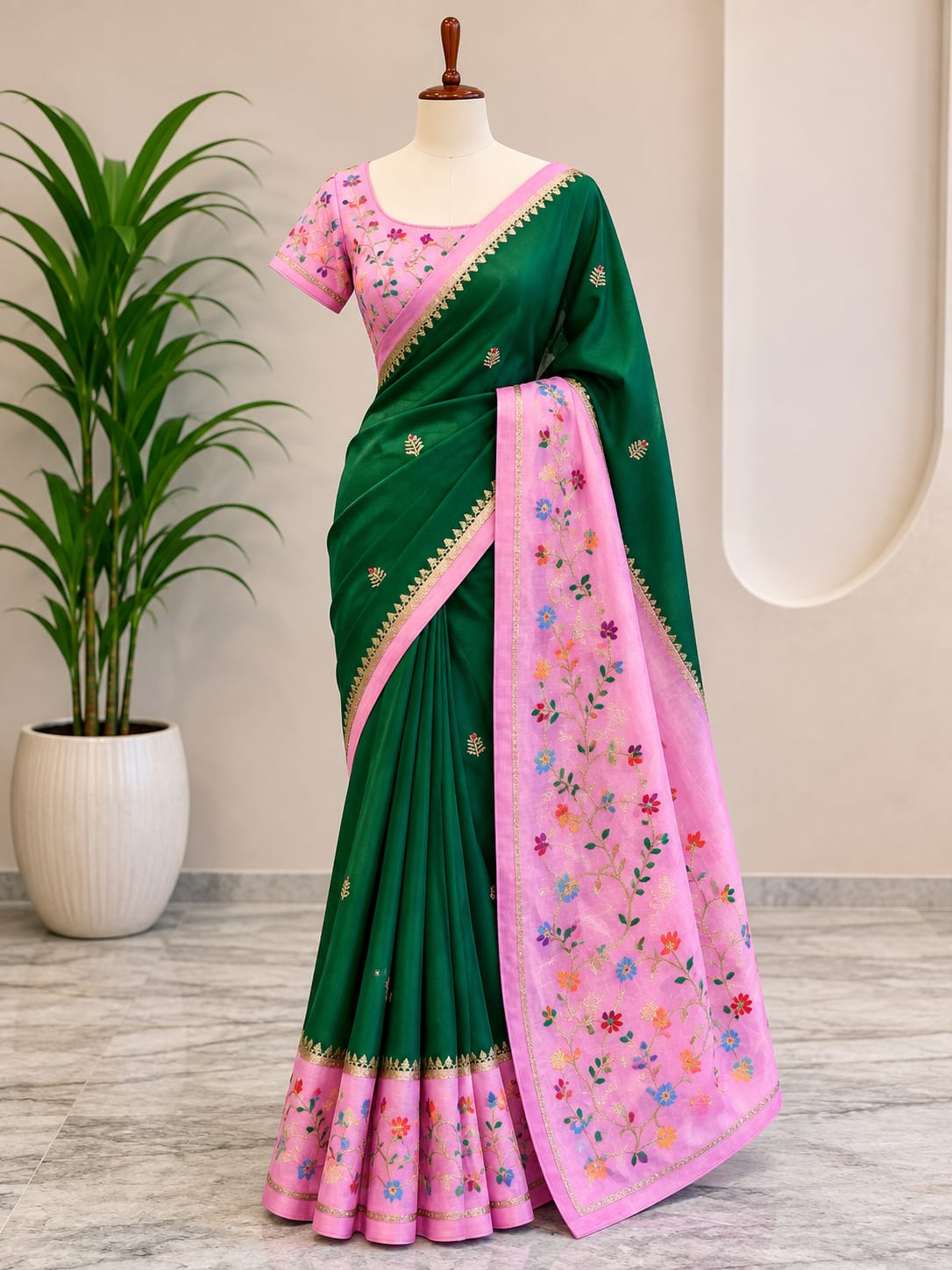 DARK GREEN SEMI CHINNON SAREE