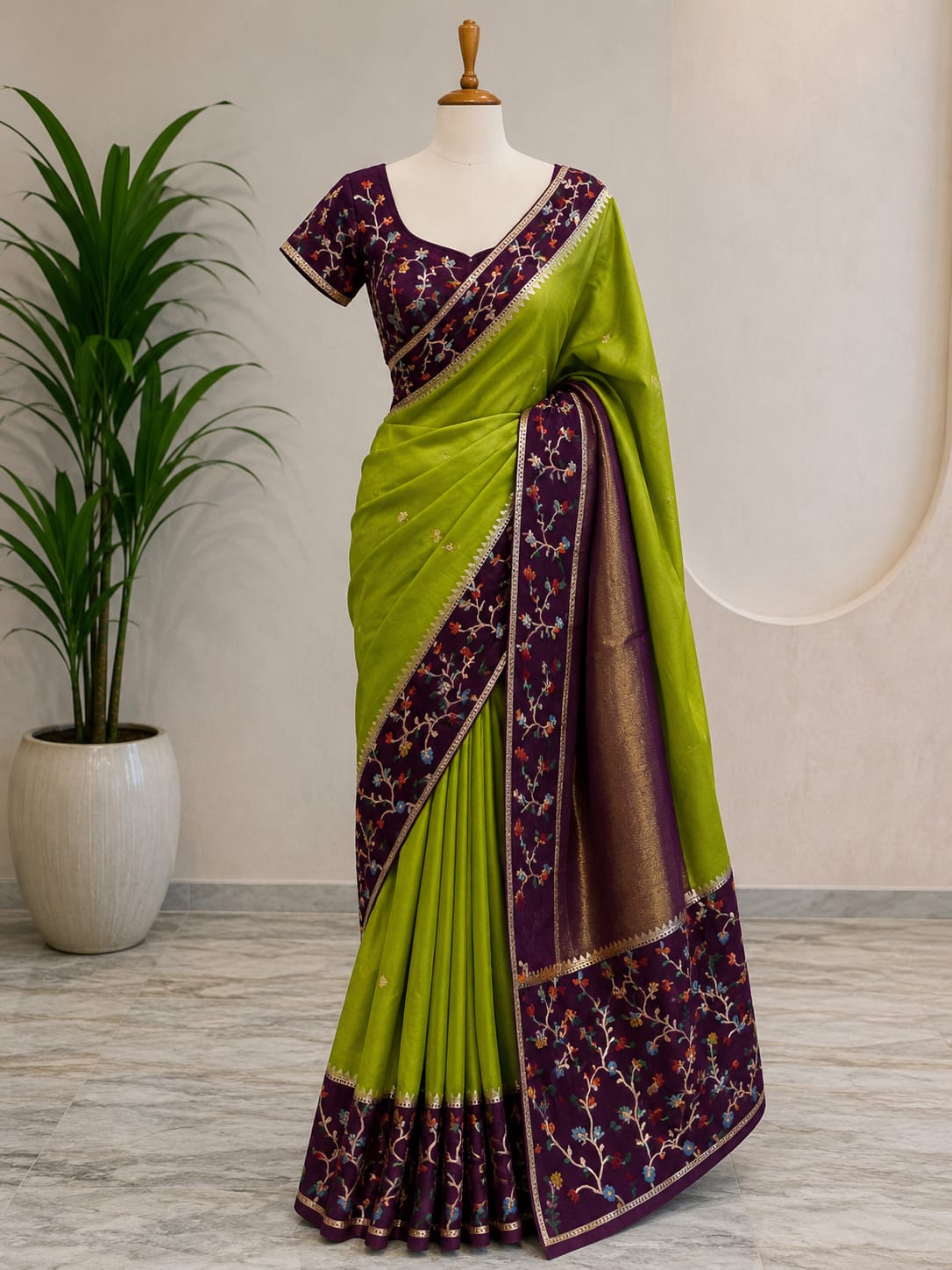 PARROT GREEN SEMI CHINNON SAREE