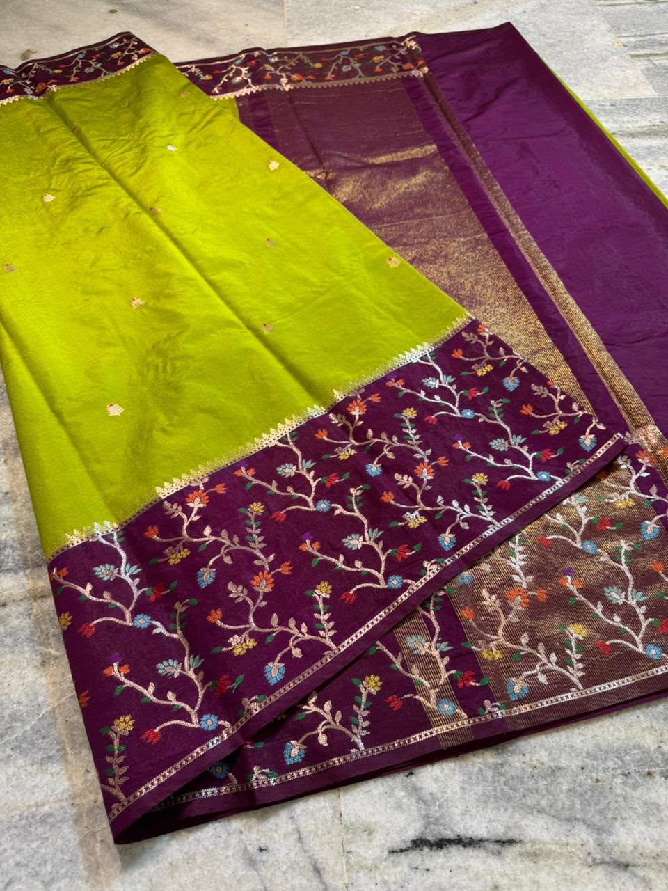 PARROT GREEN SEMI CHINNON SAREE - Image 3